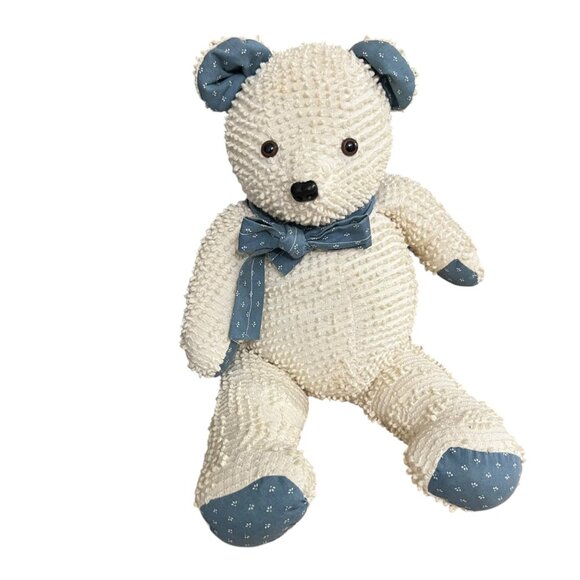 Vintage Handmade Chenille Teddy Bear With Blue Accents & Bow‎ Rescue Stuffy - Picture 5 of 5